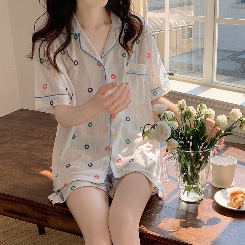 Bộ Đồ Ngủ Tay Ngắn Chất Cotton Họa Tiết Dễ Thương Thời Trang Mùa Hè Cho Nữ