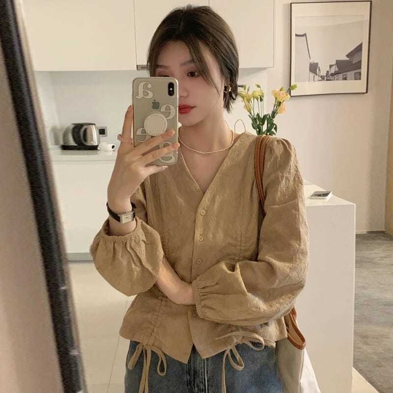 Áo Sơ Mi Crop top Tay Dài Cổ Chữ V Phong Cách Pháp Thời Trang Mùa Xuân Mới 2023 Dành Cho Bạn Nữ