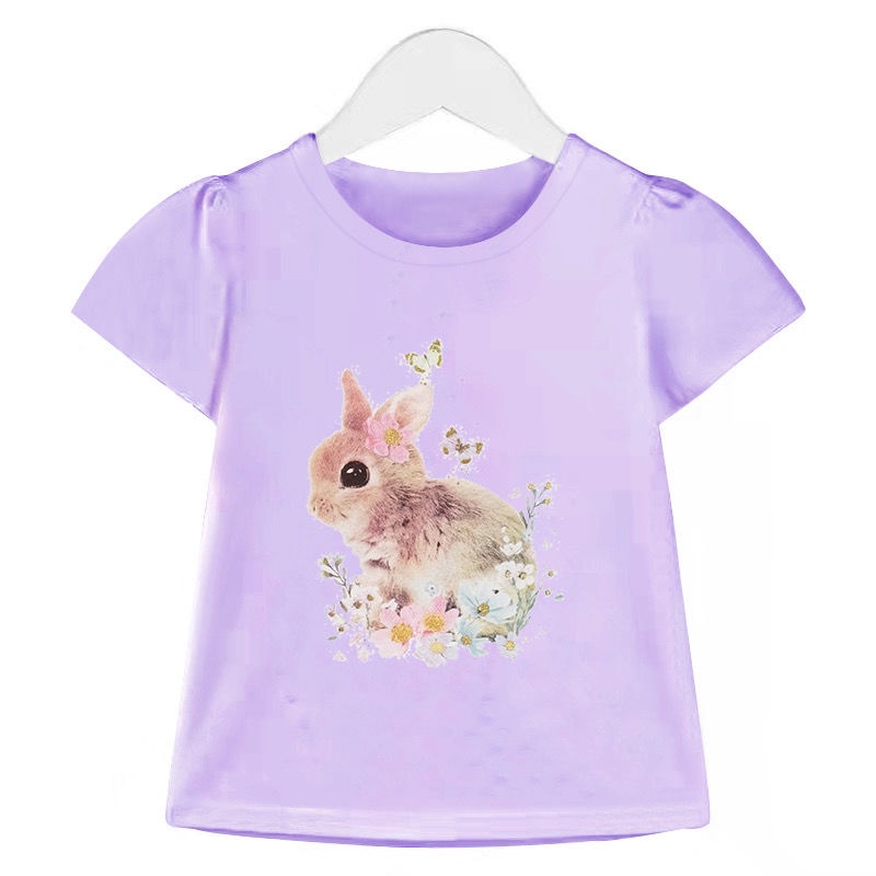 Áo Thun 100% Cotton Tay Ngắn Phồng In Họa Tiết Thỏ Thời Trang Mùa Hè Hàn Quốc 2022 Dành Cho Bé Gái
