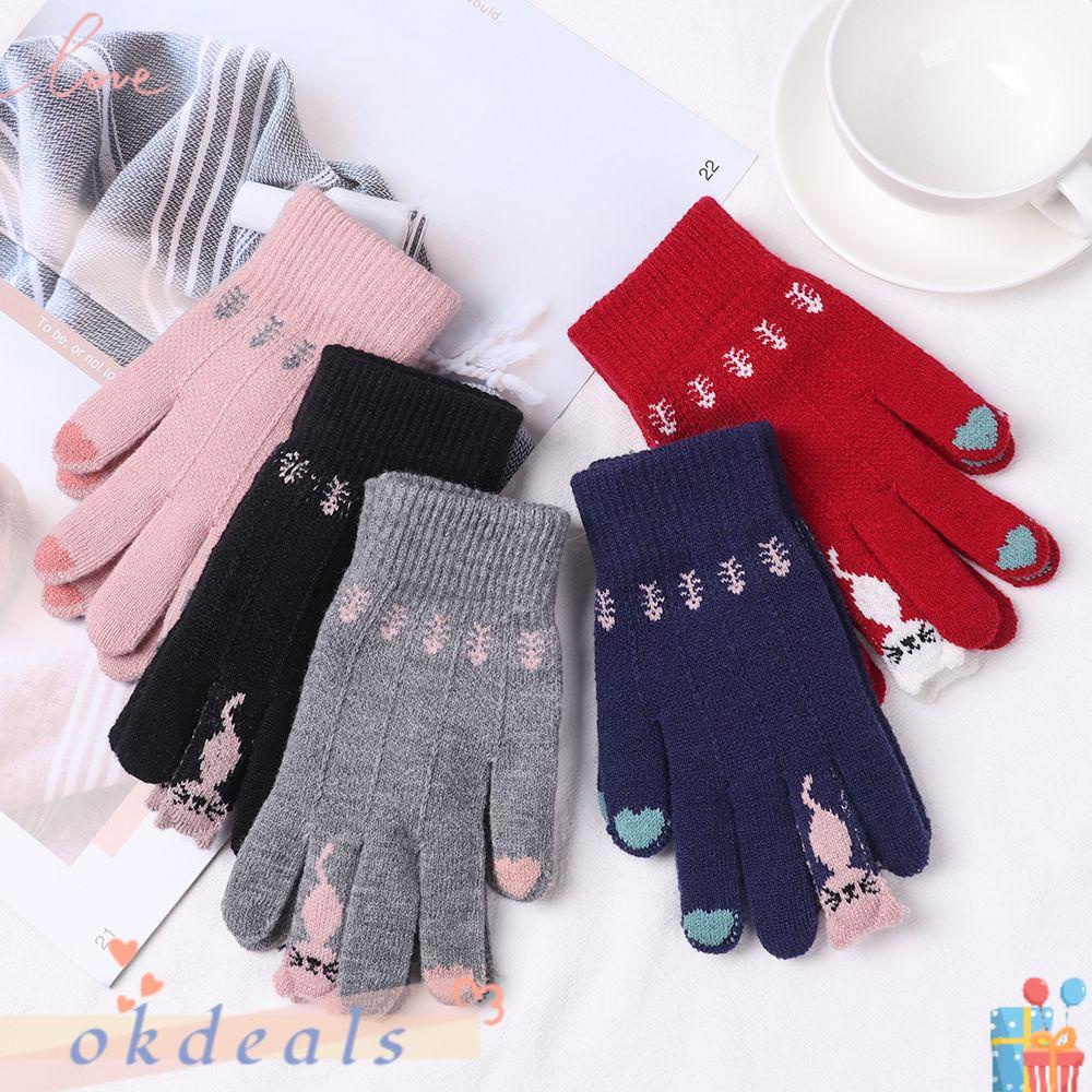 Găng Tay Dệt Kim Co Giãn Giữ Ấm Ngón Tay Hình Mèo Hoạt Hình Dễ Thương Cho Nam Và Nữ