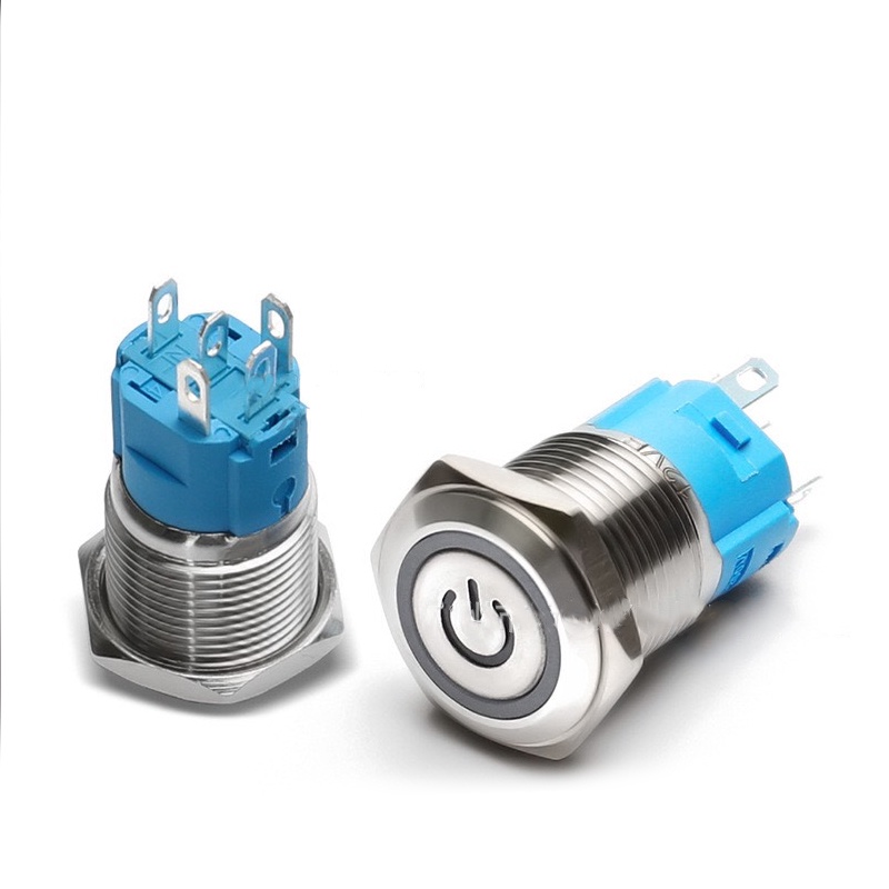Nút công tắc 16mm, Nút nhấn nguồn nhấn Tự khóa, Self-Lock Power, Vỏ INOX có đèn LED, Điện áp