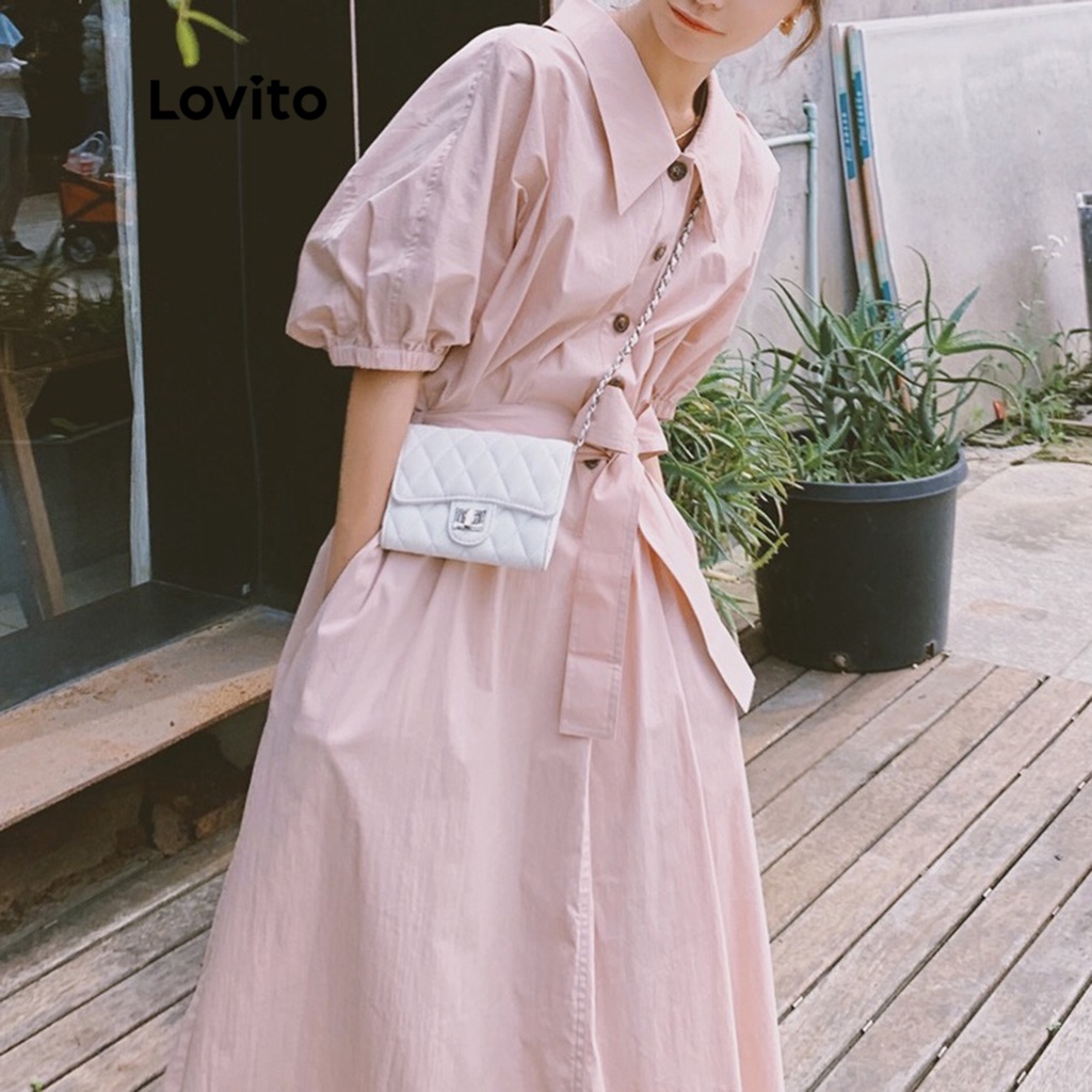 Đầm Lovito tay ngắn dây buộc trơn kiểu dáng đơn giản cho nữ LNE12016 (màu hồng)