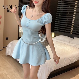 MOLASOME Nữ Nhẹ nhàng Tay bong bóng ngọt ngào Váy dệt kim cổ vuông