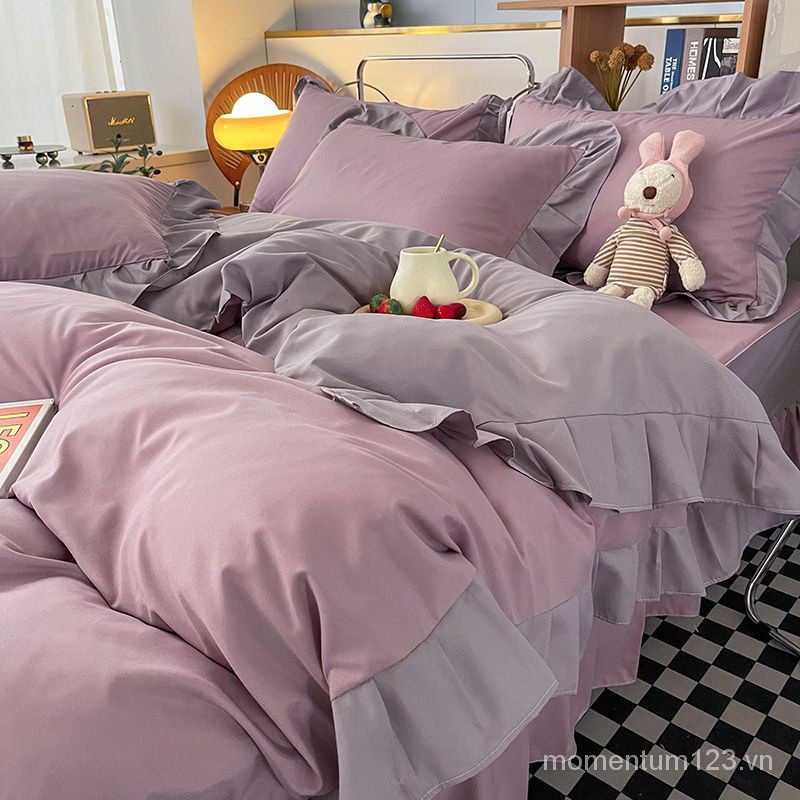 Bộ Chăn Ga Và Vỏ Gối Cotton Phối Ren Phong Cách Hàn Quốc