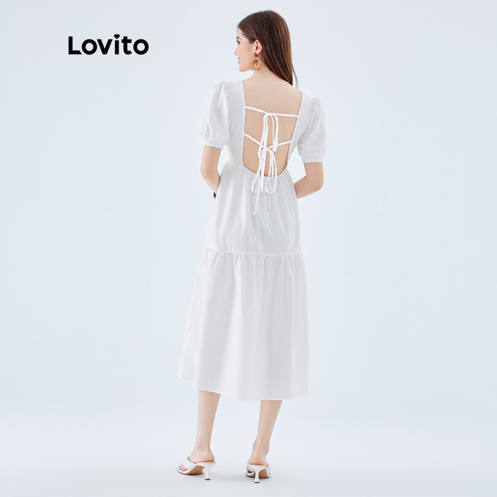 Đầm midi Lovito dáng chữ A tay ngắn thắt nơ sau lưng màu trơn phong cách boho cho nữ L49ED105 (màu trắng)