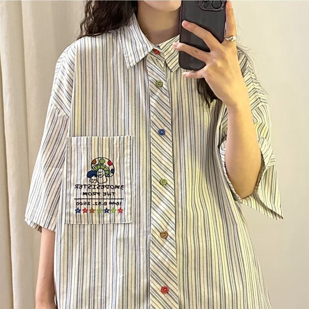 Áo Sơ Mi Ngắn Tay Dáng Rộng Thêu Chữ Đơn Giản Thời Trang Mùa Hè