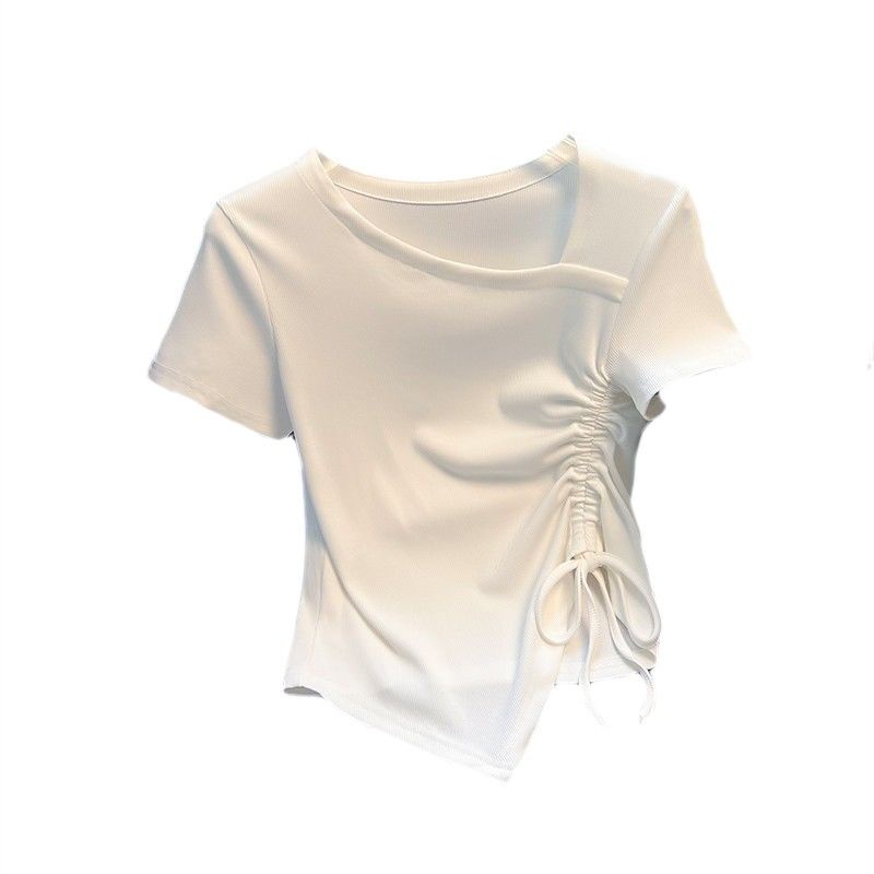 Áo Thun Tay Ngắn Phối Dây Rút Thiết Kế Lệch Tà Thời Trang Mùa Hè Cho Nữ