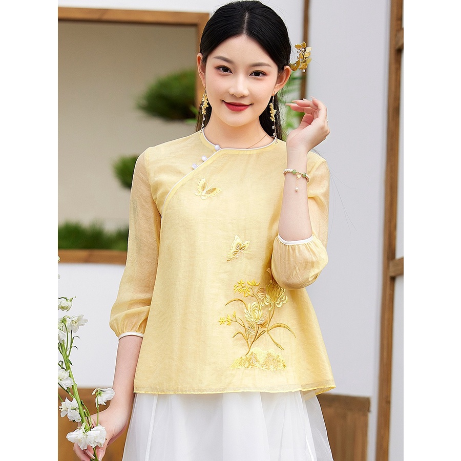 Áo Sơ Mi Ngắn Phong Cách Trung Hoa Cổ Điển Tinh Tế Mới 2023 Cho Nữ