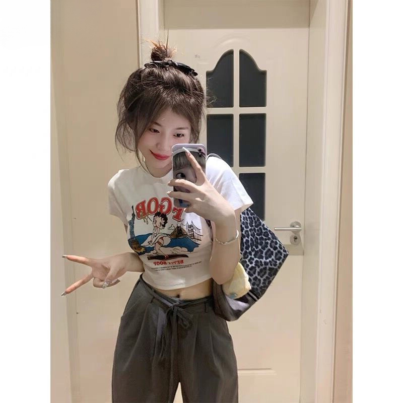 Áo baby tee Thun croptop nữ Ngắn Tay Dáng Ôm In Họa Tiết Thời Trang Mùa Hè 2023 Phong Cách Retro Mỹ Cho Nữ
