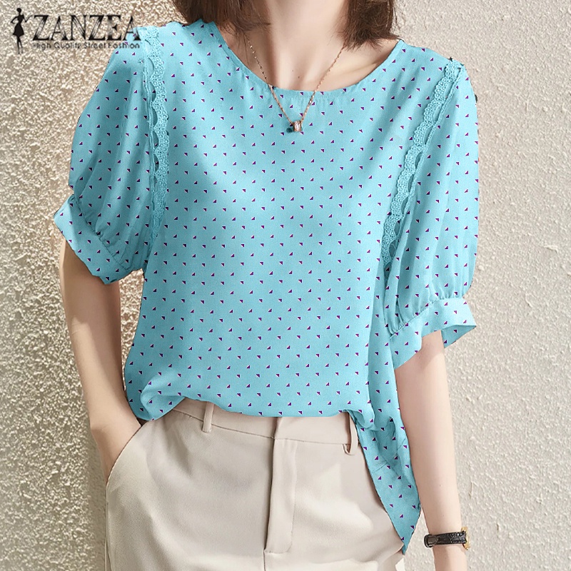 ZANZEA Áo Kiểu Tay Lửng Phối Ren Họa Tiết Chấm Bi Thời Trang Hàn Quốc Cho Nữ