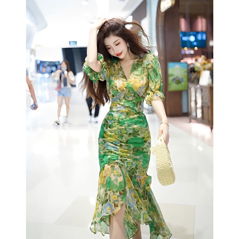 Đầm Mùa Hè 2023 Eo Hẹp Cao In Họa Tiết Màu Xanh Lá Đậm Sang Trọng Thời Trang Cao Cấp