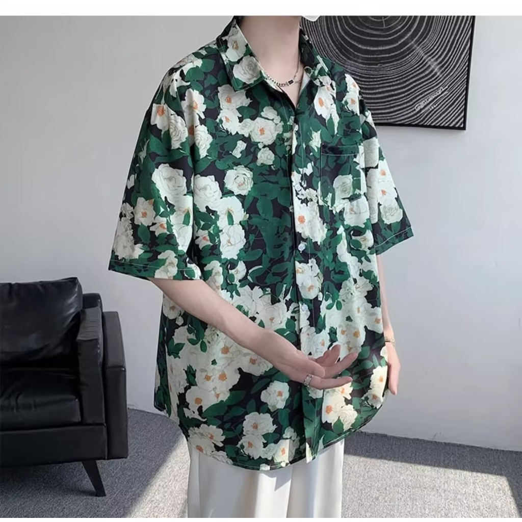 Áo Sơ Mi Tay Ngắn Dáng Rộng Chất Lụa Lạnh Họa Tiết Hoa Cúc Thời Trang Cá Tính Cho Nam