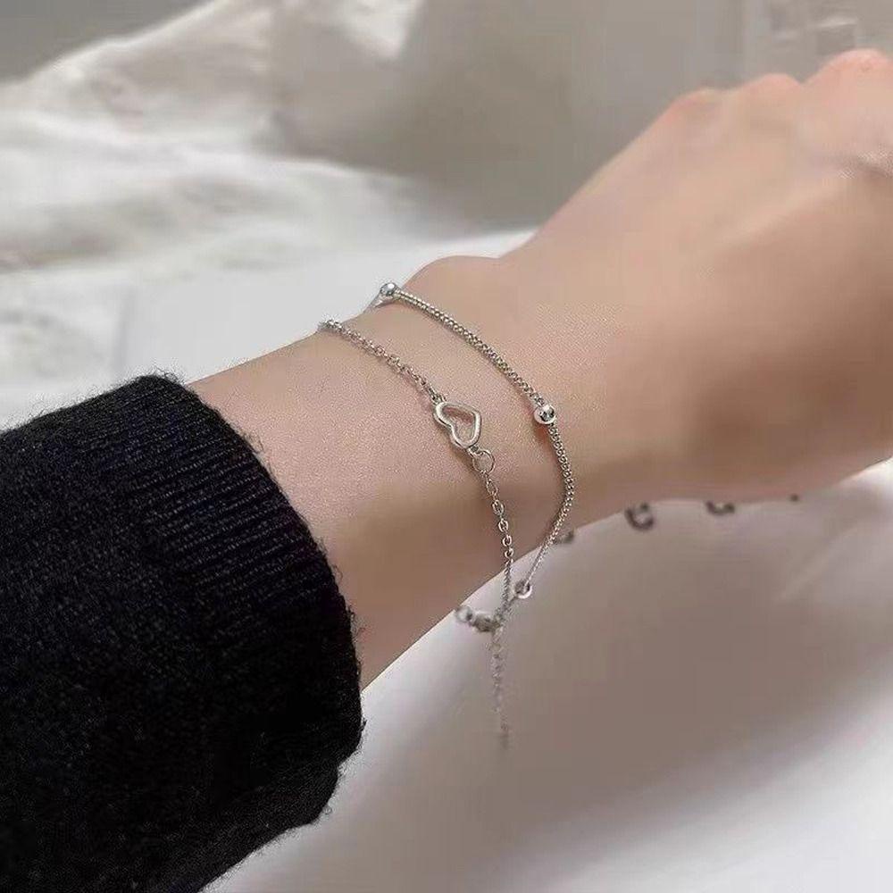 Vòng Đeo Tay Hai Lớp Hình Tròn Rỗng Thiết Kế Trái Tim Tinh Tế Ngọt Ngào Cho Nữ|Vòng Tay Hợp Kim Thiết Kế Dạng Xích Thời Trang