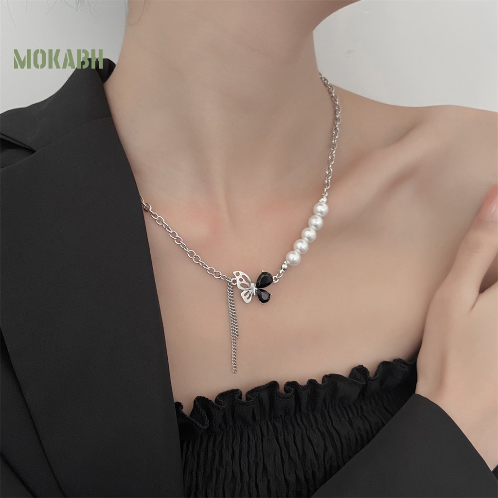 [Mới] Vòng cổ Mạ Điện Mặt Hình Bướm Đính Ngọc Trai Nhân Tạo Không Đối Xứng Quyến Rũ Cho Nữ