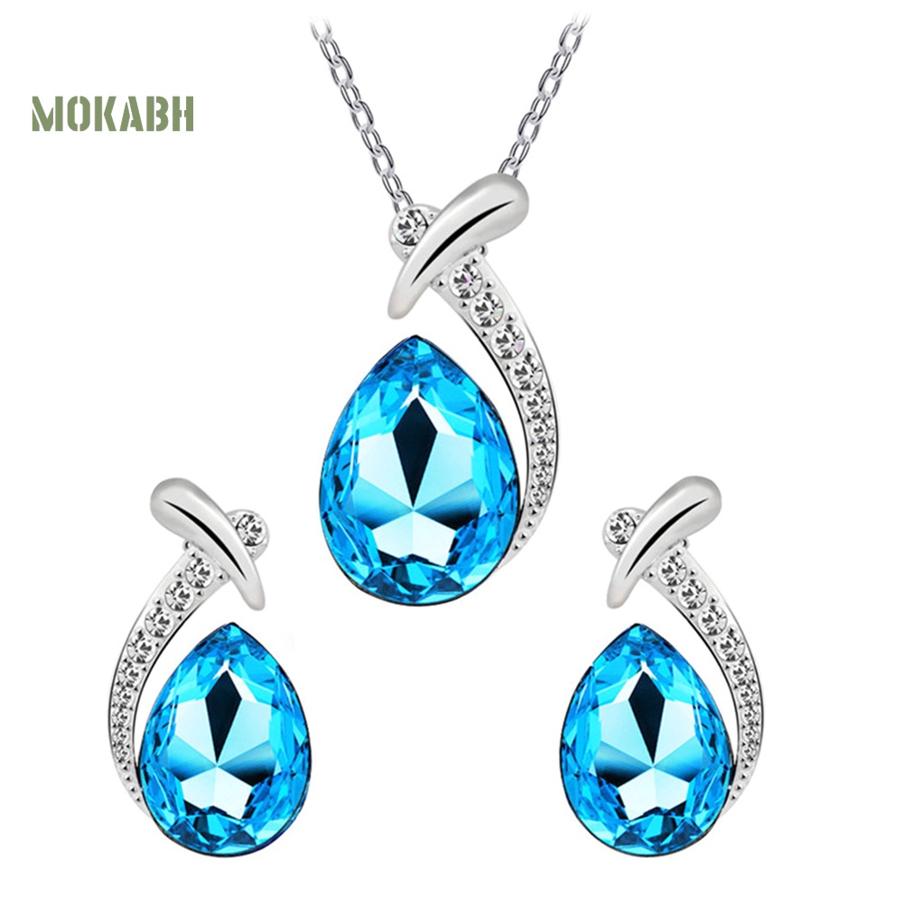 Bộ Trang Sức Vòng cổ + Bông Tai Đính Pha Lê Giả Hình Giọt Nước Thời Trang Cho Nữ