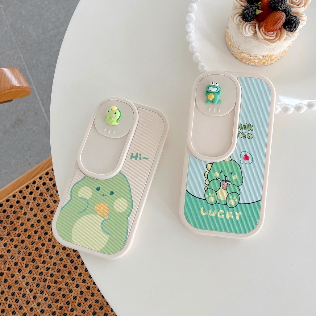 Ốp Điện Thoại Silicon TPU Mềm Hình Khủng Long Hoạt Hình 3D Có Nắp Trượt Bảo Vệ Camera Cho iPhone 13 12 11 Pro Max 14 Plus