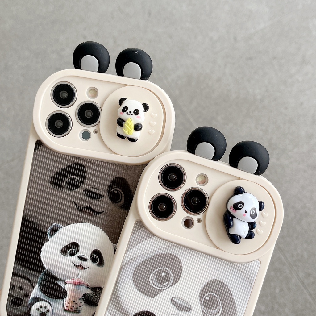 Ốp Điện Thoại TPU Silicon Mềm Chống Sốc Có Nắp Trượt Bảo Vệ Camera In Hình Gấu Trúc 3D Cho iPhone 13 12 11 Pro Max 14 Plus