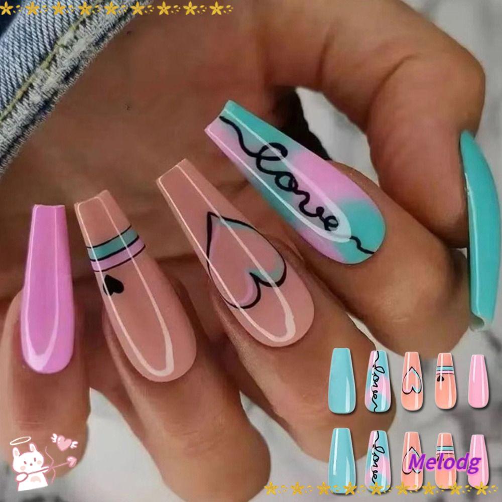 Bộ 24 Móng Tay Giả Dạng Nhấn Họa Tiết Trái Tim Màu Gradient Bảo Vệ Toàn Diện DIY