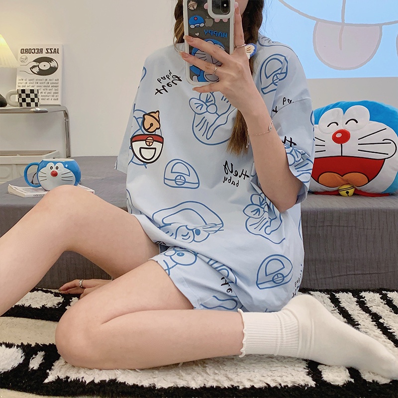 Fds summer women's, blue doraemon pyjamas set short-sleeved shorts home wear two-piece cute cartoon