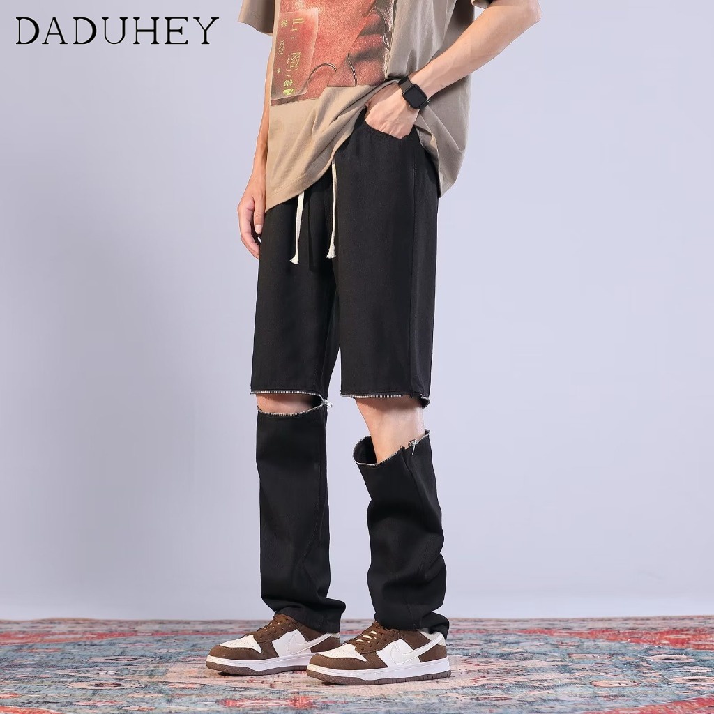 DaDuHey Men's American High Street Denim Detachable Versatile Jeans 2023 Summer Vibe Retro Fashion Brand and Loose Straight Casual Pants