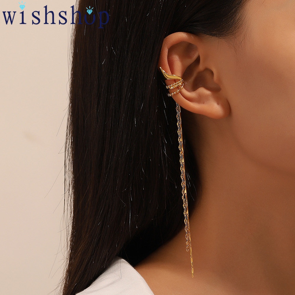 Khuyên Kẹp Vành Tai Dáng Dài Không Đục Lỗ Phối Tua Rua Thanh Lịch Cho Nữ