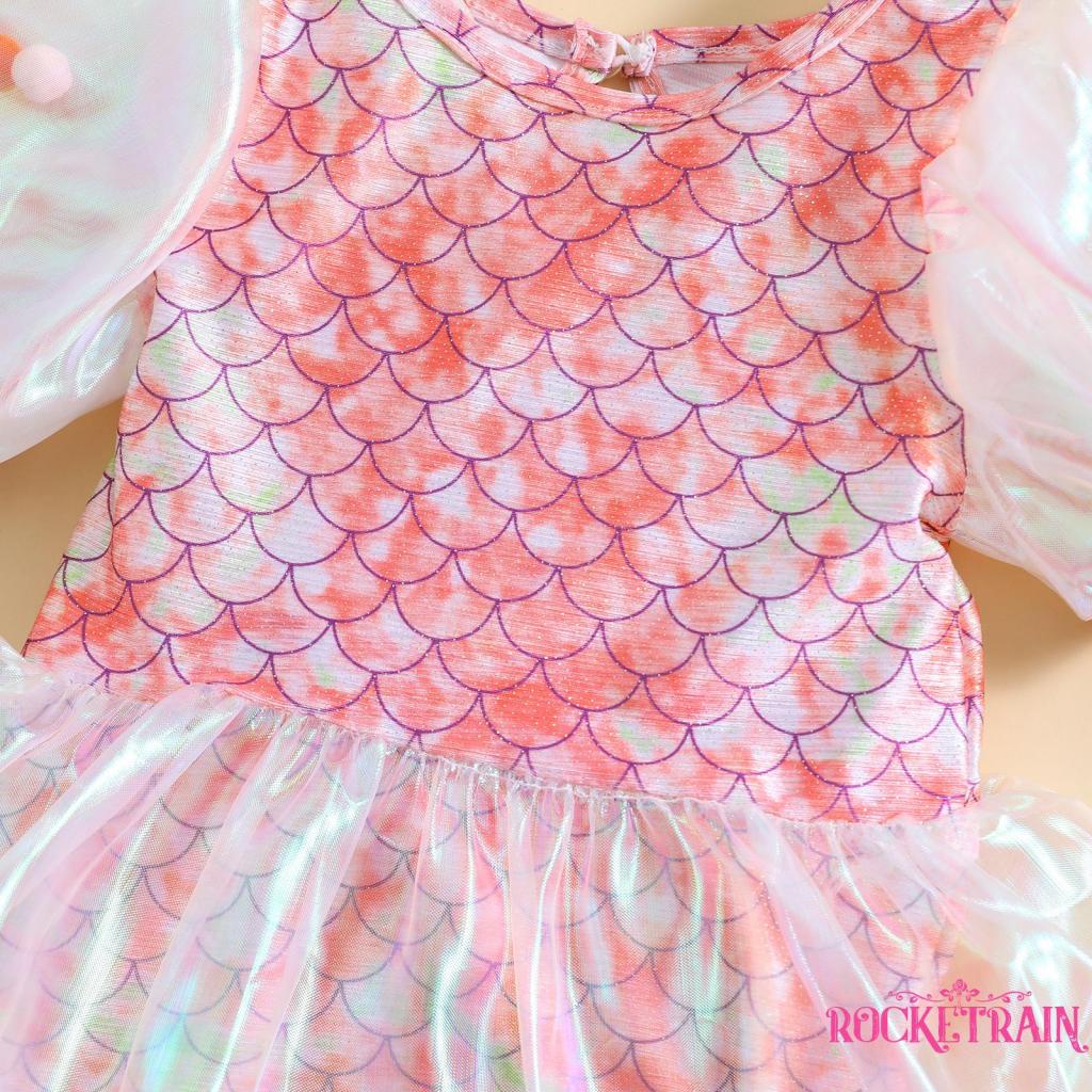 Wa- Đồ Bơi Liền Thân Tay Phồng In Họa Tiết Vảy Cá Thời Trang Mùa Hè Cho Bé Gái