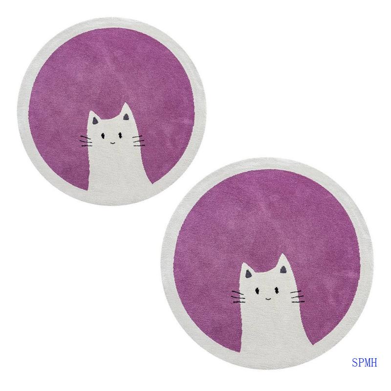 Thảm Bò Hình Tròn In Họa Tiết Mèo Hoạt Hình Dễ Thương Trang Trí Phòng Bé