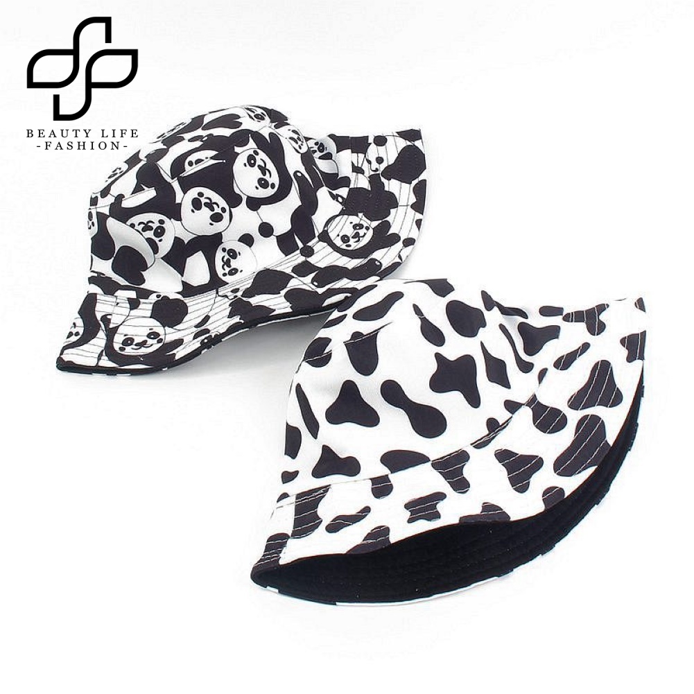 Nón Bucket Hai Mặt In Họa Tiết Gấu Trúc / Bò Sữa Dễ Thương Thời Trang Cho Nữ