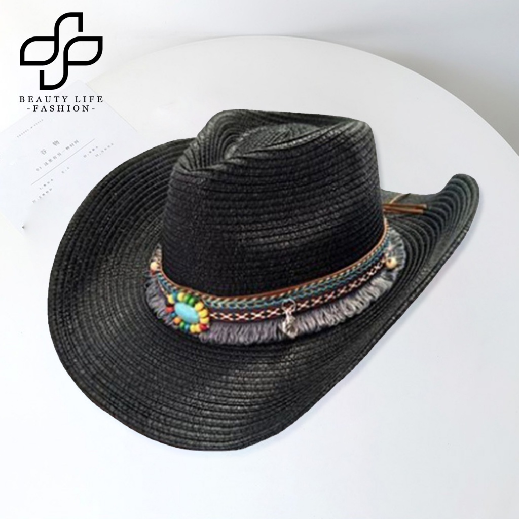 Mũ Cao Bồi Vành Rộng Kiểu Cao Bồi Bện Viền Xoăn Cổ Điển Thời Trang Cho Nam