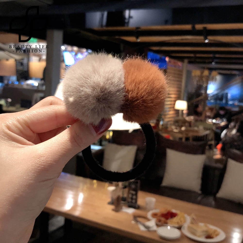 Dây Cột Tóc Co Giãn Hai Màu Đính Khối Bông Cho Nữ