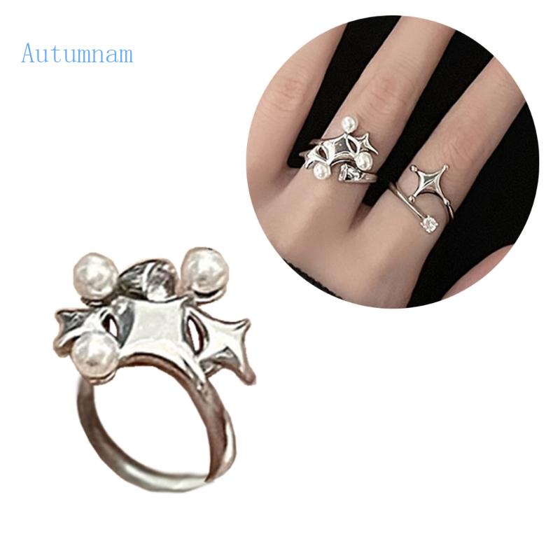 Nhẫn Hình Ngôi Sao Năm Cánh Đính Hạt Ngọc Trai Phong Cách Punk