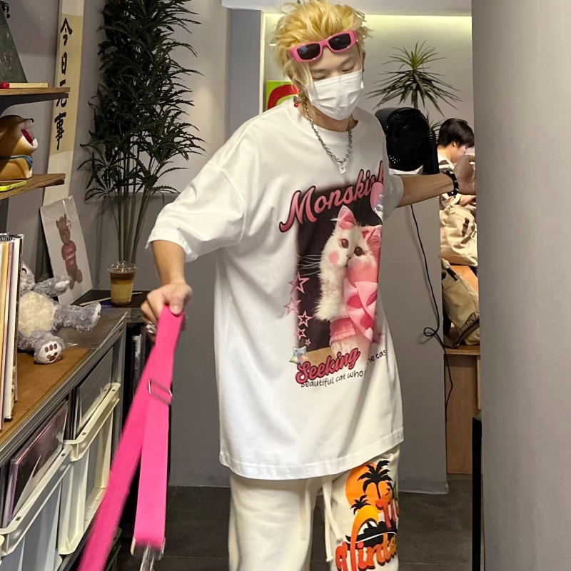 Áo Thun Ngắn Tay Dáng Rộng In Hình Mèo Thời Trang Mùa Hè Cá Tính