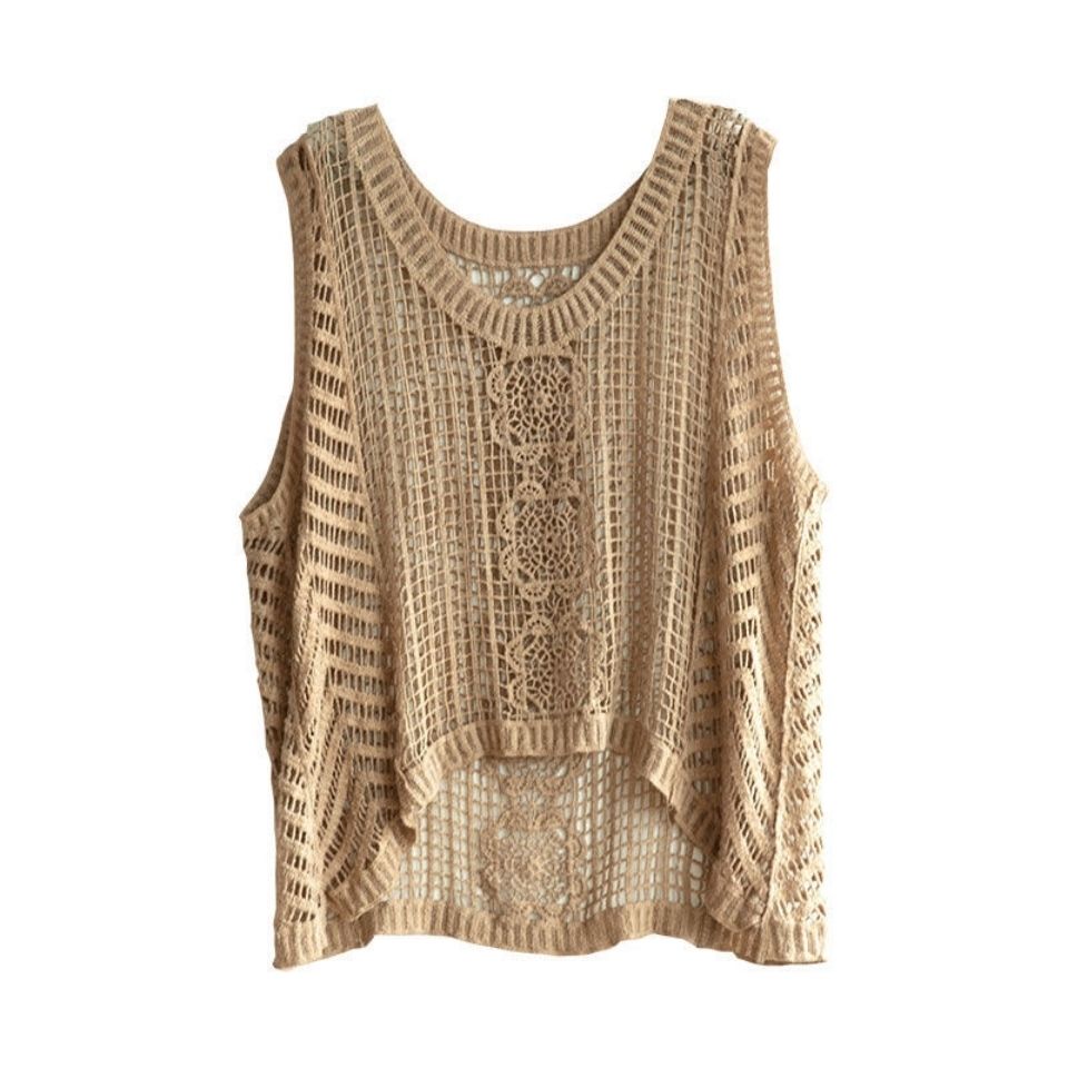 Áo Dệt Kim Cotton Cổ Yếm Không Tay Dáng Rộng Thoáng Khí Thêu Họa Tiết Thời Trang Mùa Hè Mới 2023