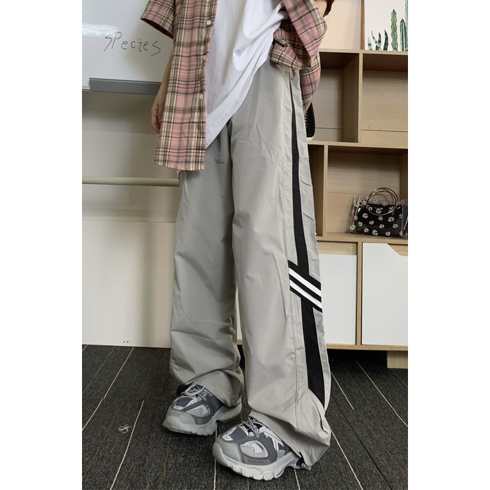 Quần Thể Thao Dây Rút Kẻ Sọc Bên Hông Dáng Rộng Phong Cách Retro Mỹ