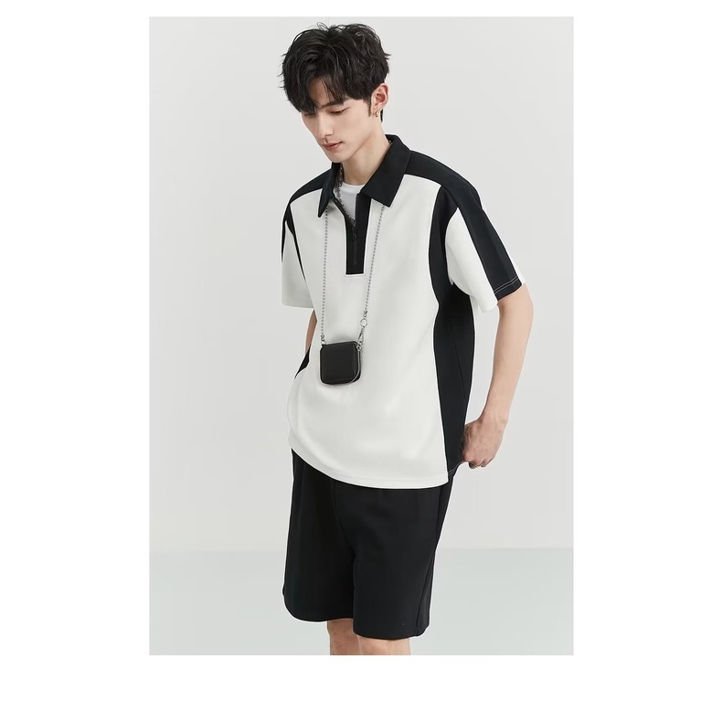 Áo Thun polo Tay Ngắn Dáng Rộng Có Khóa Kéo Phối Màu Sắc Tương Phản Thời Trang Mùa Hè Phong Cách Hàn Quốc Cho Nam Giới 23