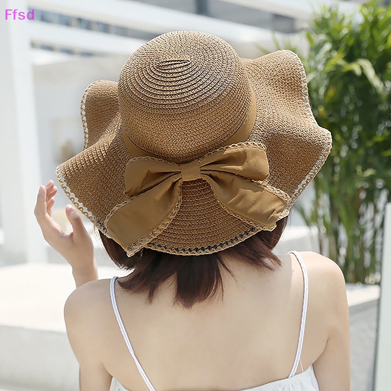 {Ffsd} Hàng Bán Chạy Mũ Rơm Vành Sóng Thắt Nơ Thanh Lịch Ngoài Trời Đi Biển Mùa Hè Cho Nữ Có Thể Gập Lại