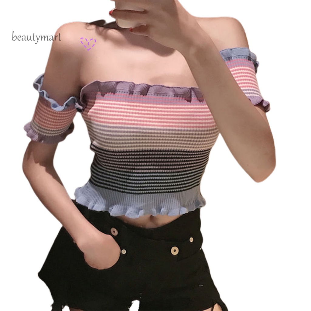 Áo Croptop Trễ Vai HọA TiếT Kẻ SọC 1 MàU