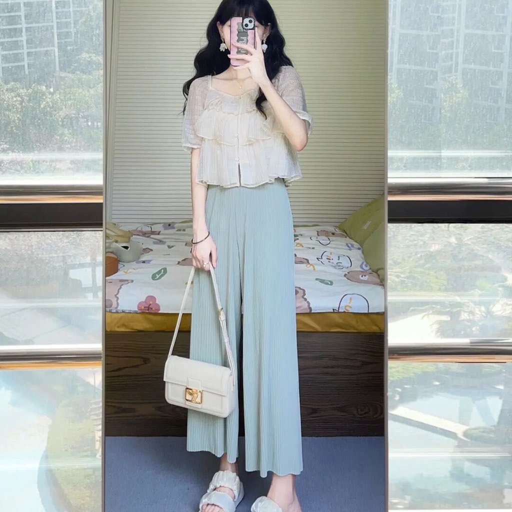 Áo Ngắn Tay Cổ Vuông Phong Cách Mới Mùa Hè 2023 + Quần Dài Nhẹ Nhàng Cho Nữ