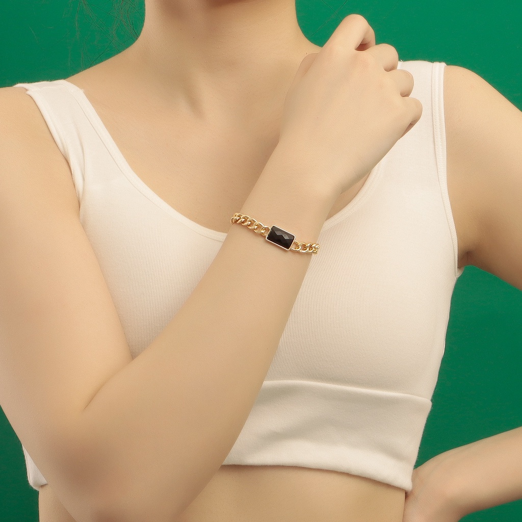 Vòng Tay Dây Xích Nhôm Mặt Vuông Đính Đá Zircon Đen Đơn Giản Cá Tính Dành Cho Nữ