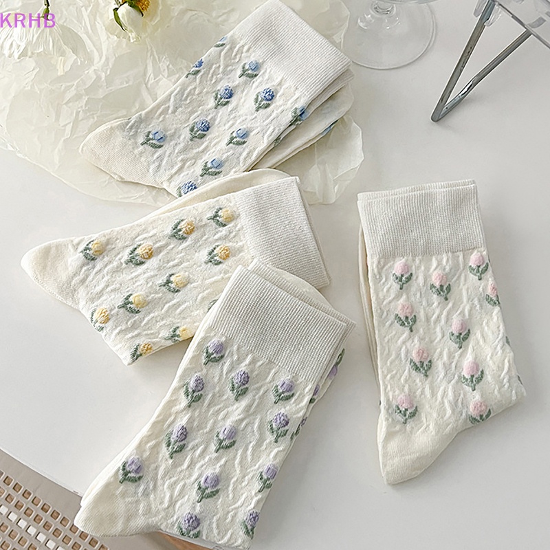 1 Đôi Tất Cotton Trắng In Hình Hoa Tulip Phong Cách Harajuku Nhật Bản Đáng Yêu Cho Nữ Mới