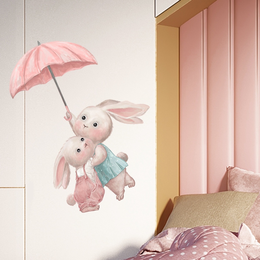 Miếng Dán Tường Tự Dính Chống Xé Không Phai Họa Tiết Hoạt Hình Thỏ Cầm Dù Trang Trí Phòng Ngủ Phục Sinh