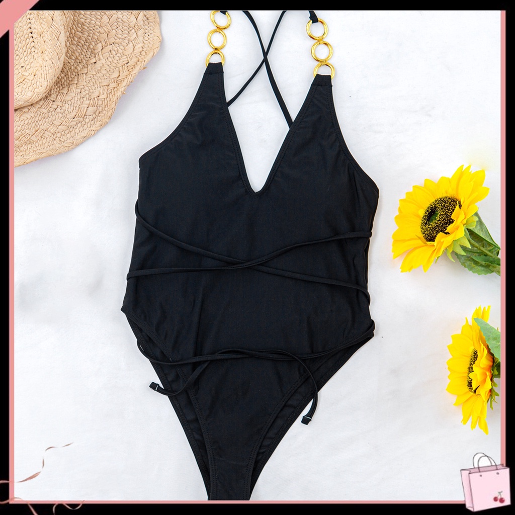 {Soltweter} Bộ Đồ Bơi Một Mảnh Cổ Chữ V Sâu Vòng Kim Loại Kết Nối Với Eo Cao Gợi Cảm Cho Nữ Đi Biển