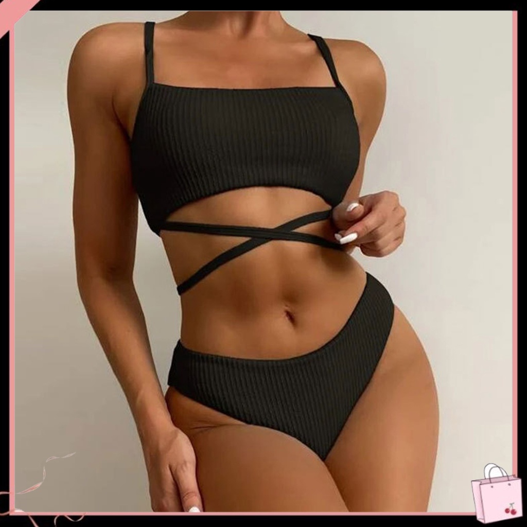 {Soltweter} Bộ Đồ Bơi Bikini Hai Dây Màu Trơn Có Gân Gợi Cảm Mùa Hè Cho Nữ Hoạt Động Nước