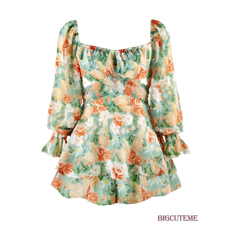 Áo liền quần Tay Dài Cổ Vuông Hở Lưng In Họa Tiết Hoa Thời Trang Quyến Rũ Cho Nữ