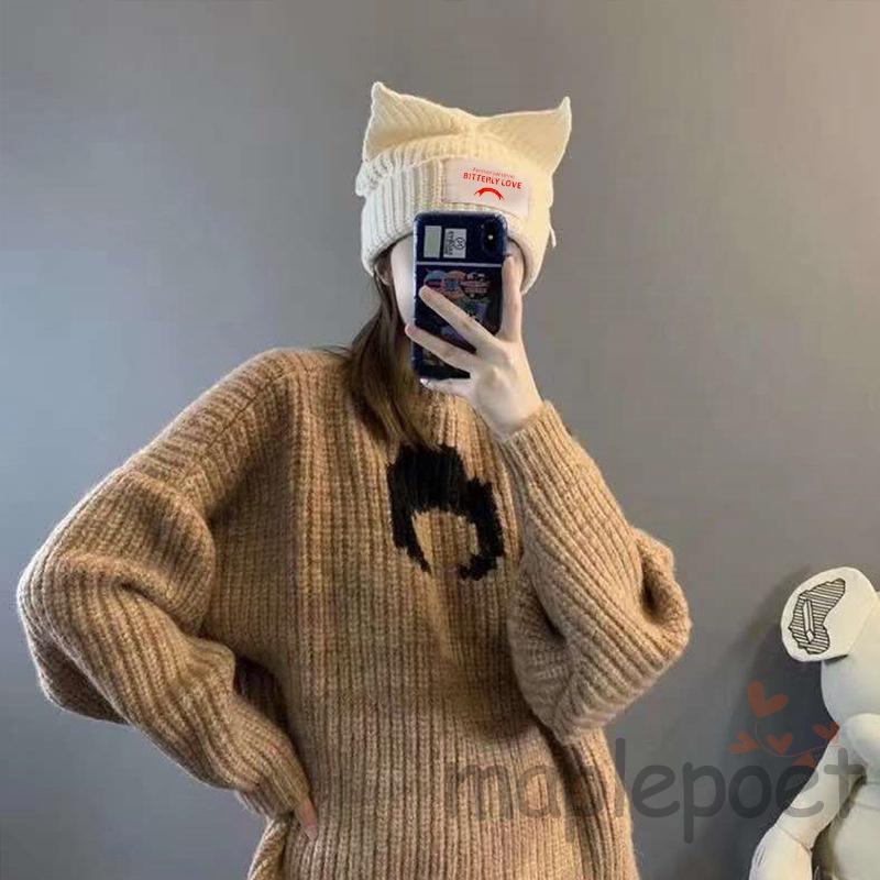 Mũ Len Beanie Dệt Kim In Họa Tiết Tai Mèo Thời Trang Thu Đông Màu Be / Đen / Xanh Dương