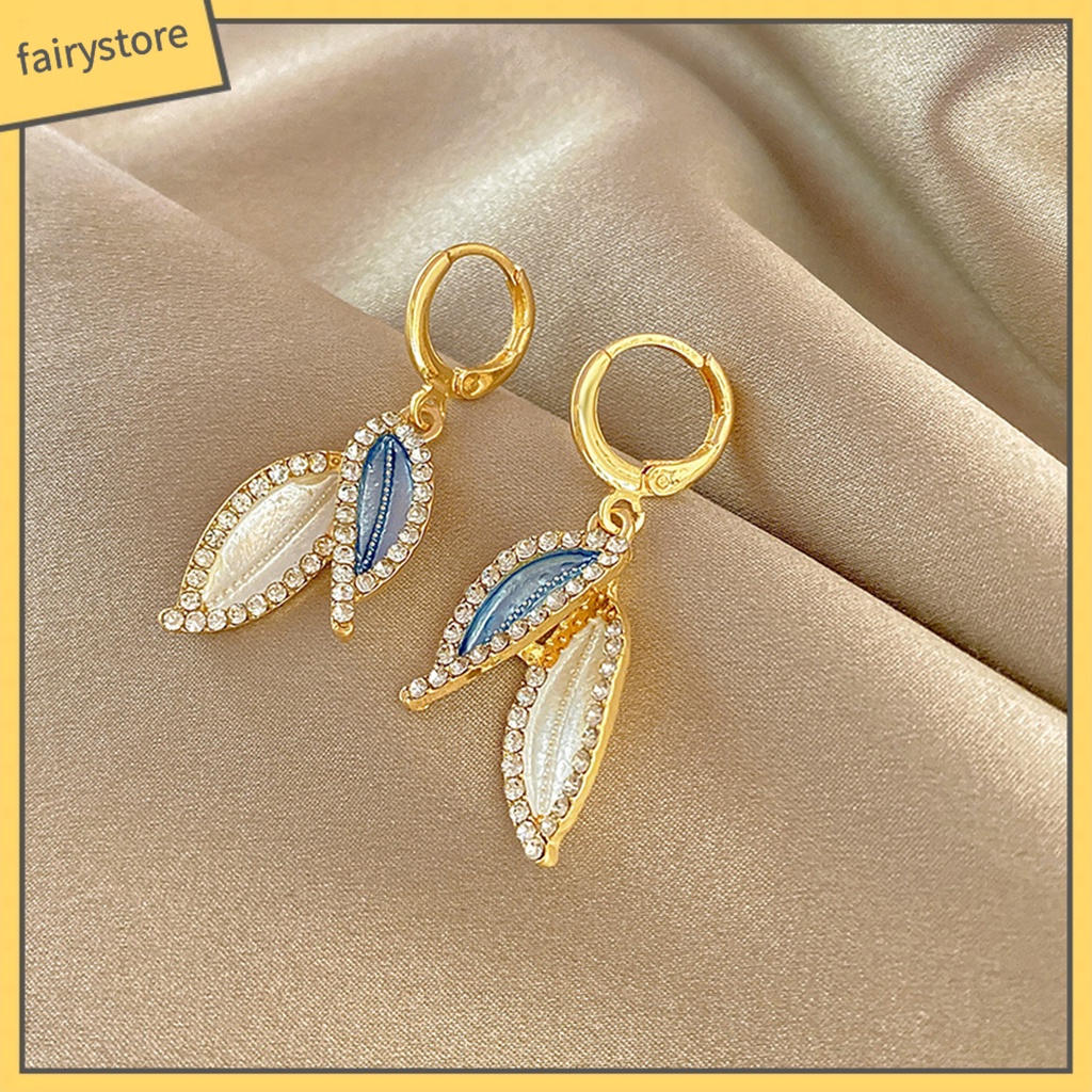 1 Đôi Bông Tai Dáng Dài Hình Chiếc Lá Đính Đá Phong Cách Retro