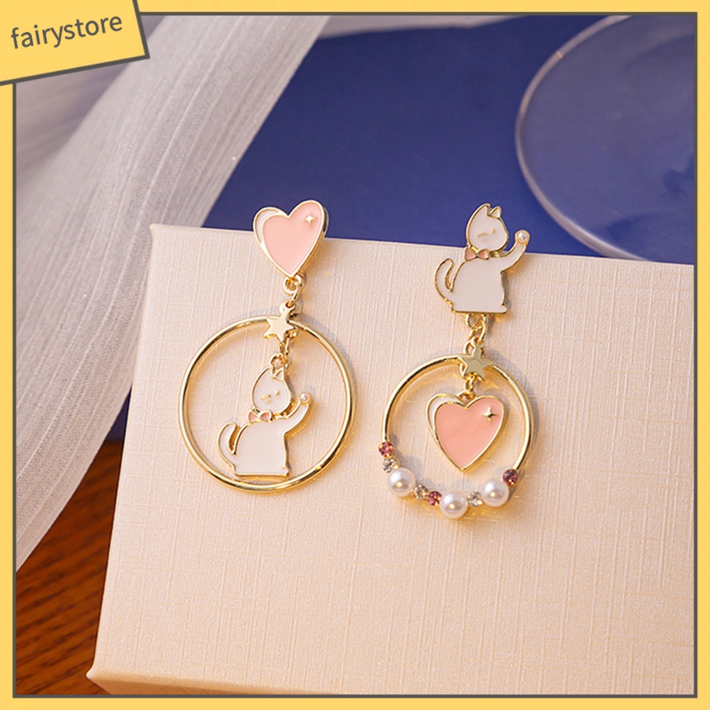 1 Đôi Bông Tai Hình Mèo Hoạt Hình Đính Đá Ngọc Trai Giả Phong Cách Nhật Bản