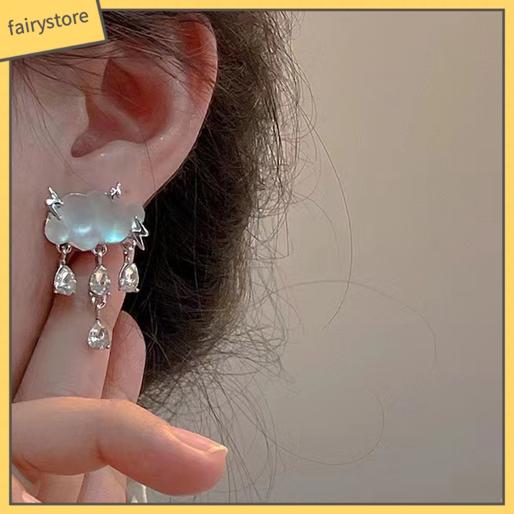 1 Đôi Bông Tai Hình Đám Mây Mưa Đính Pha Lê Giả Thời Trang