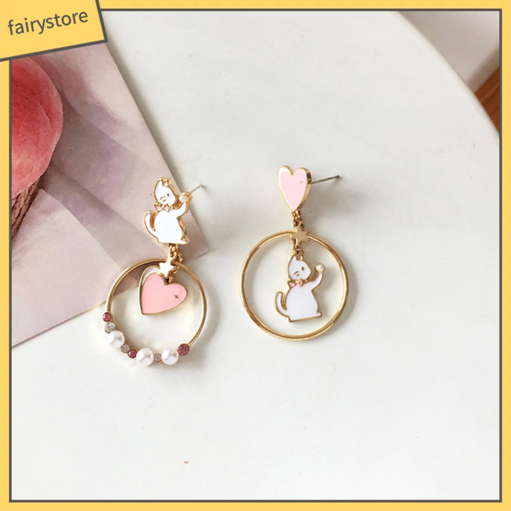 1 Đôi Bông Tai Hình Mèo Hoạt Hình Đính Đá Ngọc Trai Giả Phong Cách Nhật Bản