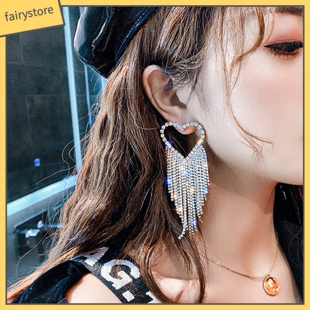 [FRO] 1 Đôi Bông Tai Thả Dài Hình Trái Tim Đính Kim Cương Giả Lấp Lánh Chống Dị Ứng Phong Cách Hàn Quốc